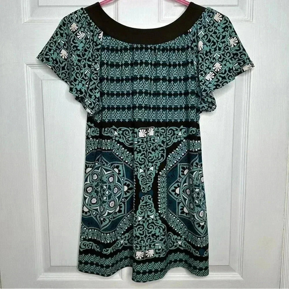 Inc International Concepts Short  Sleeved Blouse Ruffled Sleeves Brown/Blue Med - Picture 8 of 16